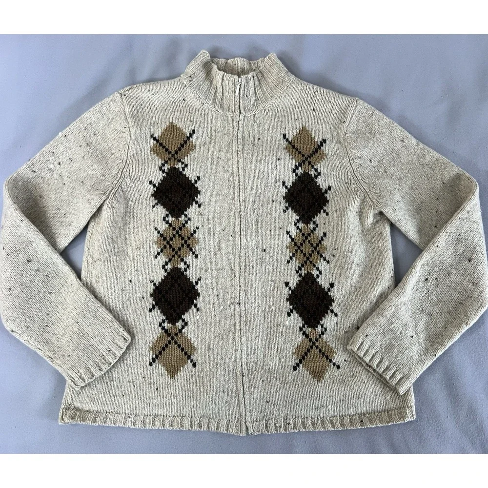 VTG Eddie Bauer 100% Wool Full Zip‎ Up Argyle Knit Sweater Sz Medium Beige Y2K